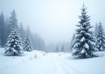Obraz premium Snow-covered landscape with evergreen trees in a tranquil winter scene