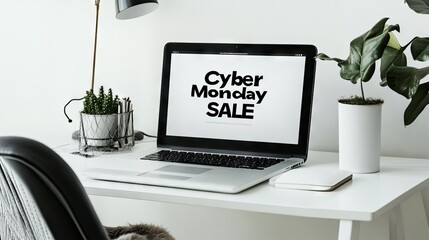 Modern Workspace Featuring a Laptop Displaying Cyber Monday Sale Announcement with Succulent Plants and Minimalist Decor for E-Commerce Promotion