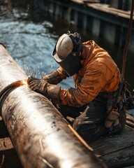 A worker in protective gear welds a large pipe by a body of water, sparks flying, showcasing skilled craftsmanship and safety in industrial settings.