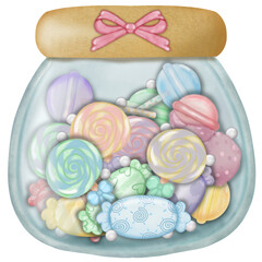 Assorted lollipop candies in a Glass jar wooden bottle cap for decorative , party setting. hand drawn cartoon style.