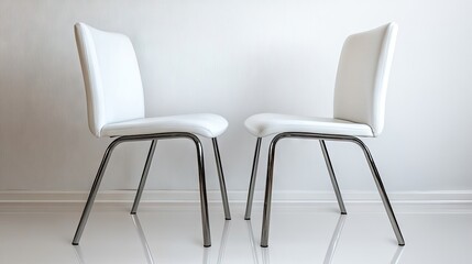 Obraz premium Minimalist White Chairs on Glossy Floor in Bright Room, Ideal for Modern Interior Design and Home Decor Inspiration for Contemporary Spaces