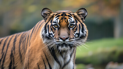 Fototapeta premium A close-up of a tigers intense eyes framed by its whiskers and striking black stripes.