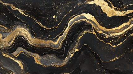 Abstract black and gold marble texture with flowing patterns.