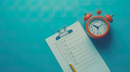 Checklist and Clock on a Blue Surface