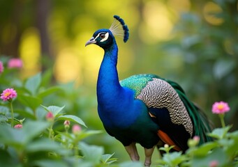 Obraz premium Colorful peacock standing gracefully among blooming flowers in a lush garden