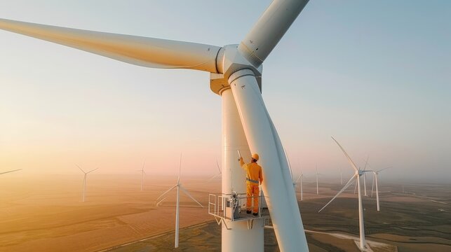 Worker on Wind Turbine at Sunset