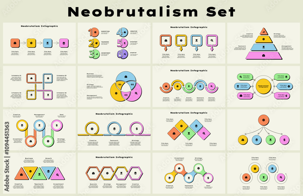 Leinwandbilder Collection of infographic presentation slides with timelines, pyramid,flowchart and other diagrams. Business data analytics y2k trendy design