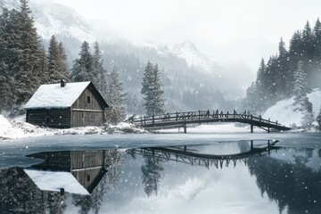 Fototapeta premium Winter landscape in the Canadian Rocky Mountains with snow-covered peaks and forests.