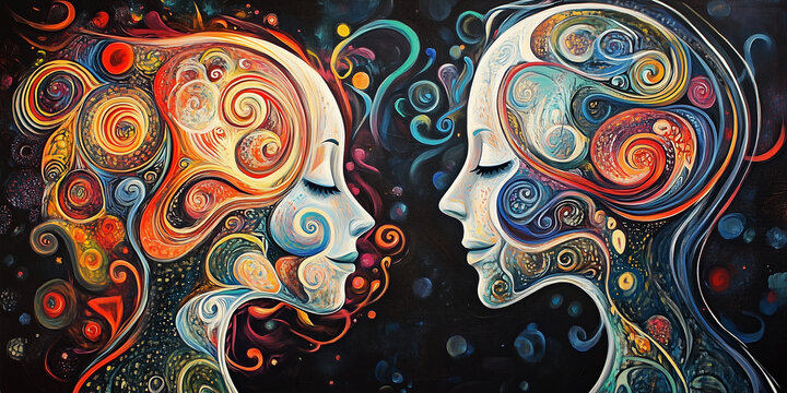 Two figures with their heads close together, with swirling colors and shapes flowing between them, depicting a deep telepathic bond.