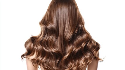 Fototapeta premium Beautiful model girl with Brown hair strand,silky healthy chestnut wavy hair strand isolated on white background,hair wavy ribbon, with smooth texture,vibrant shine,brunette hairpiece, hairy ribbon.