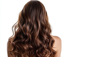 Naklejka premium Beautiful model girl with Brown hair strand,silky healthy chestnut wavy hair strand isolated on white background,hair wavy ribbon, with smooth texture,vibrant shine,brunette hairpiece, hairy ribbon.