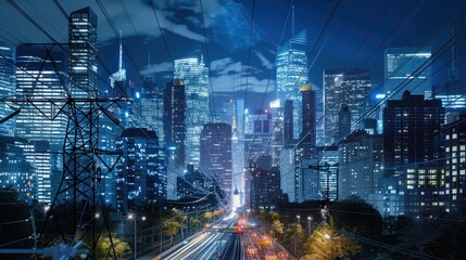 Naklejka premium Night Cityscape with Illuminated Skyscrapers