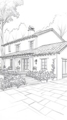 A sketch of a charming two-story house with a tile roof and landscaped surroundings.