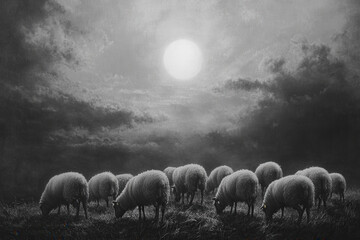 Fototapeta premium Sheep Grazing in Wildflower Field