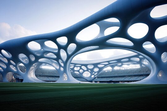 A modern architectural structure with organic forms, designed for sporting events.