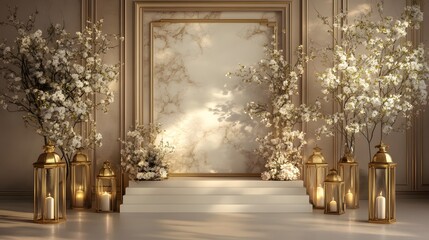 A serene podium with gold accents, framed by soft lanterns and a muted floral backdrop, leaving an empty foreground to display a product.