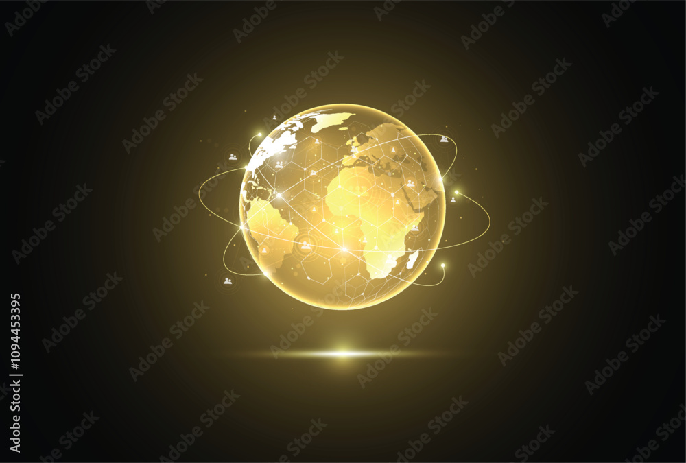 Aufkleber abstract global network connection on gold background. world map point and line composition concept 