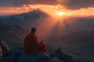 Obraz premium Monk meditating on rocky mountain landscape during stunning sunset in the mountains. Generative AI