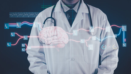 Doctor in white coat, stethoscope around neck, stands behind a digital interface displaying a holographic brain and data. The image represents modern medical diagnostics and brain analysis technology.