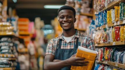 Teen retail assistant in Nairobi, Kenya, managing inventory and assisting customers with a positive attitude