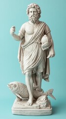 Fototapeta premium A classical statue of a bearded figure holding a fish, symbolizing abundance and nature.