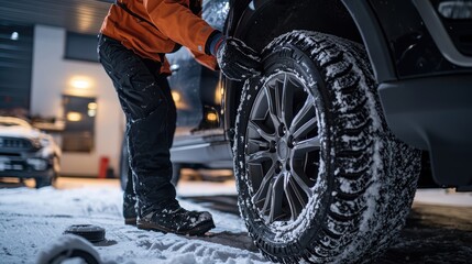 Naklejka premium Mechanic Installing Winter Tires in Garage for Safe Winter Driving Preparation