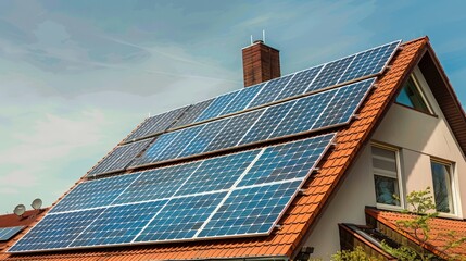 Fototapeta premium Solar Panels on Modern Roof with Blue Sky