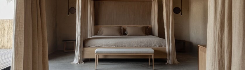 A serene bedroom featuring a minimalist design with natural tones and soft textures.