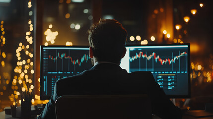 Fototapeta premium The New Year business goals concept. Businessman analyzes graph of trend market growth in and plans business growth and profit increases. calculates financial data for long-term investments