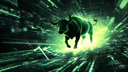 A creative stock market visualization featuring a bull charging up a glowing green path with arrows pointing upward.