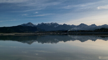 The dry forggensee Bavarian nature scene close to the Füssen Allgäu mountain chain