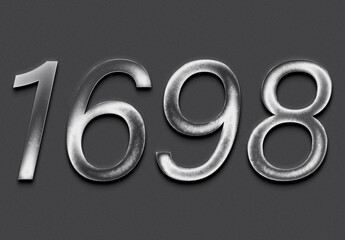 Chrome metal 3D number design of 1698 on grey background.
