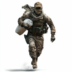 Fototapeta premium Camouflaged soldier running, carrying supplies.