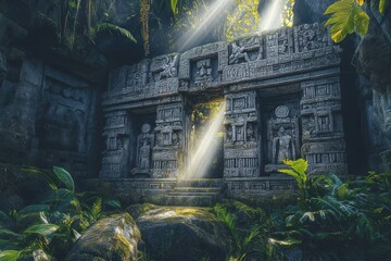 Obraz premium Ancient stone structure surrounded by lush vegetation and sunlight beams.