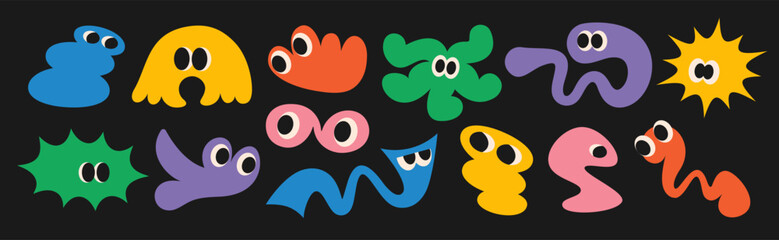 Abstract cool comic funny cute shapes with eyes, character in trendy vintage retro Groovy, Y2K style. Colored isolated on black background label, sticker, elements for Halloween. Flat Vector EPS10 