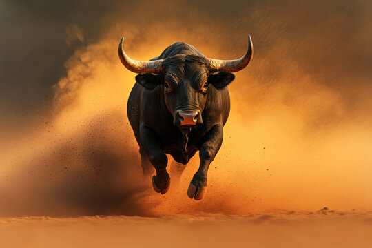 A bull is running through the desert, kicking up a cloud of dust