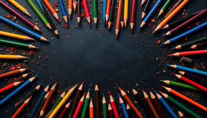 scattered colored pencils with center copy space, creative and vibrant design