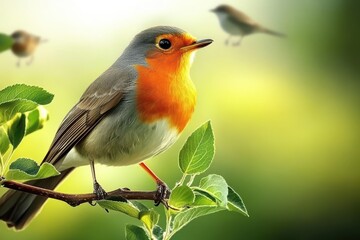Obraz premium robin on a branch with leafy background