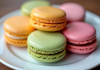 Obraz premium Colorful macarons arranged on a white plate for a delightful dessert experience