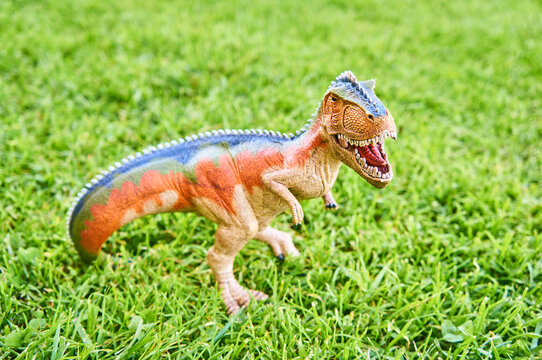 Closeup of a Schleich brand Giganotosaurus toy figurine standing on green grass