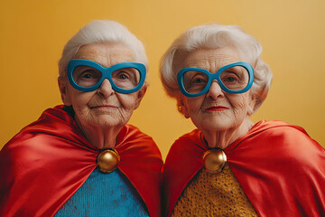 Two elderly ladies in superhero costumes with red capes and funny glasses are standing on a yellow background.