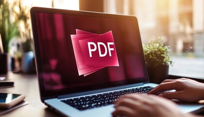 Close-up of a person�s hands using a laptop displaying PDF files on the screen.