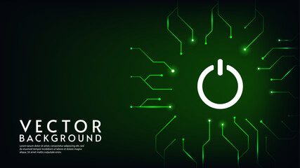 Digital dark backdrop with green light. Power on. Technology connect lines. Vector illustration.