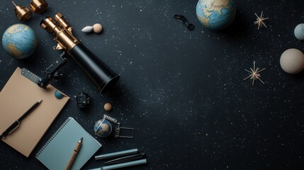 Naklejka premium An artistic flat lay featuring planetary science tools: a telescope, branded notebooks,