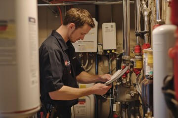 Technician Ensuring Efficient Home Heating System Maintenance in Organized Utility Room