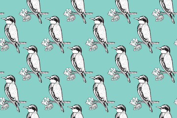 Seamless pattern with funny birds, flowers, leaves. Flat vector illustration with cartoon bird silhouette. Cute characters. Design for invitation, poster, card, textile, fabric.