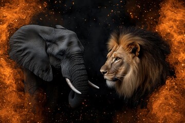 Naklejka premium A lion and an elephant are standing next to each other in a fire