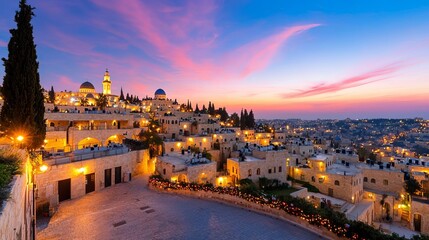 Obraz premium jewish heritage festivals concept. A stunning twilight view of Jerusalem, showcasing historic architecture, vibrant colors, and serene atmosphere as the sun sets over the ancient city.