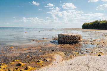 Panorama of a dried-up lake on a sunny summer day. Concept of the problem of climate change, drought and drying up of reservoirs