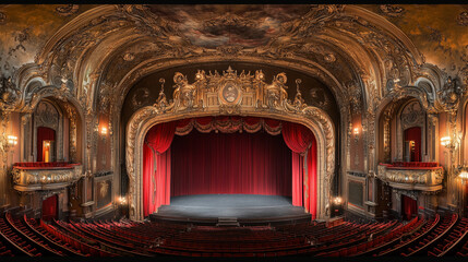 Obraz premium The red curtain of the theater stage is opened, creating an atmosphere full of mystery and anticipation for the performers to appear. The background features classical architecture with dim lighting, 